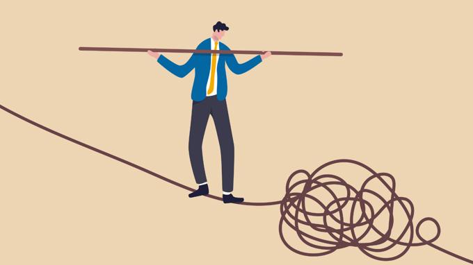 Illustration Of A Businessperson Balancing On A Tightrope Above A Tangled Line